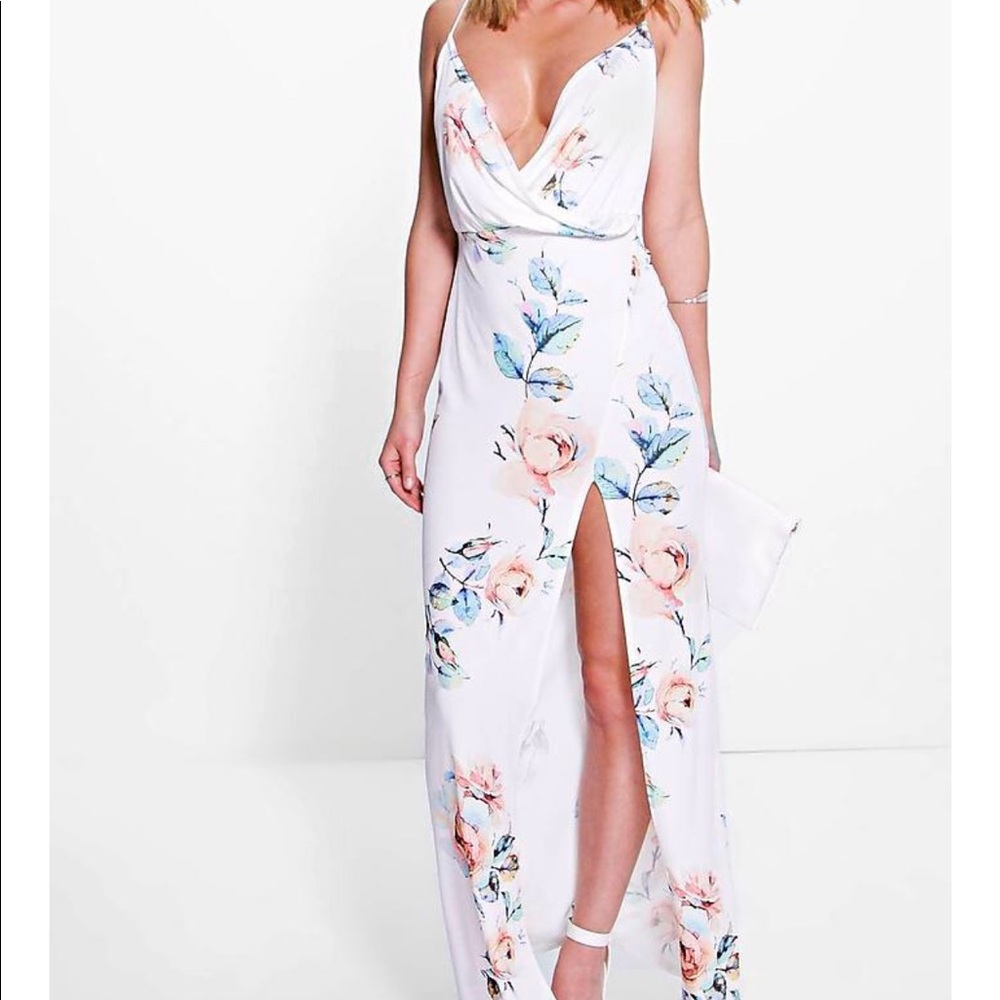 Boohoo Mimi Drape Floral Thigh Split Maxi Dress